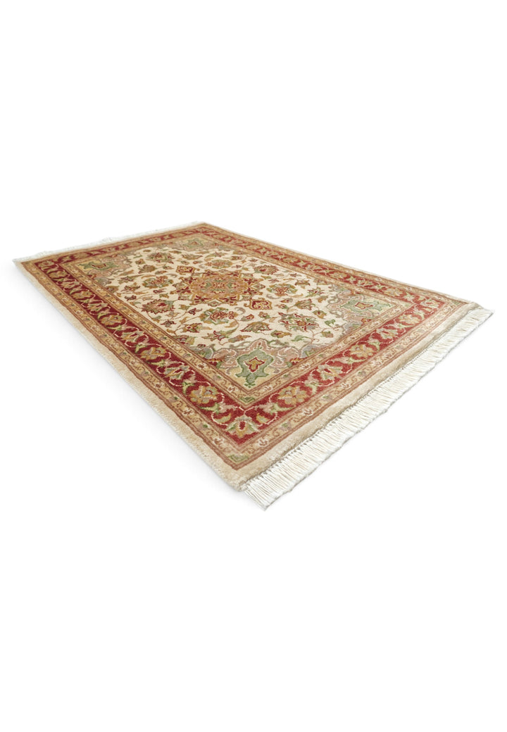 Ivory and Deep Red Tabriz Cloud Band Medallion, Hand-Knotted Wool and Silk Rug