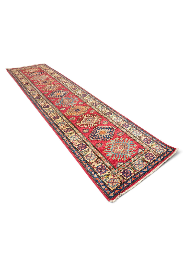 Cherry Red and Cream Starburst Medallion Kazak, Hand-Knotted Wool Rug