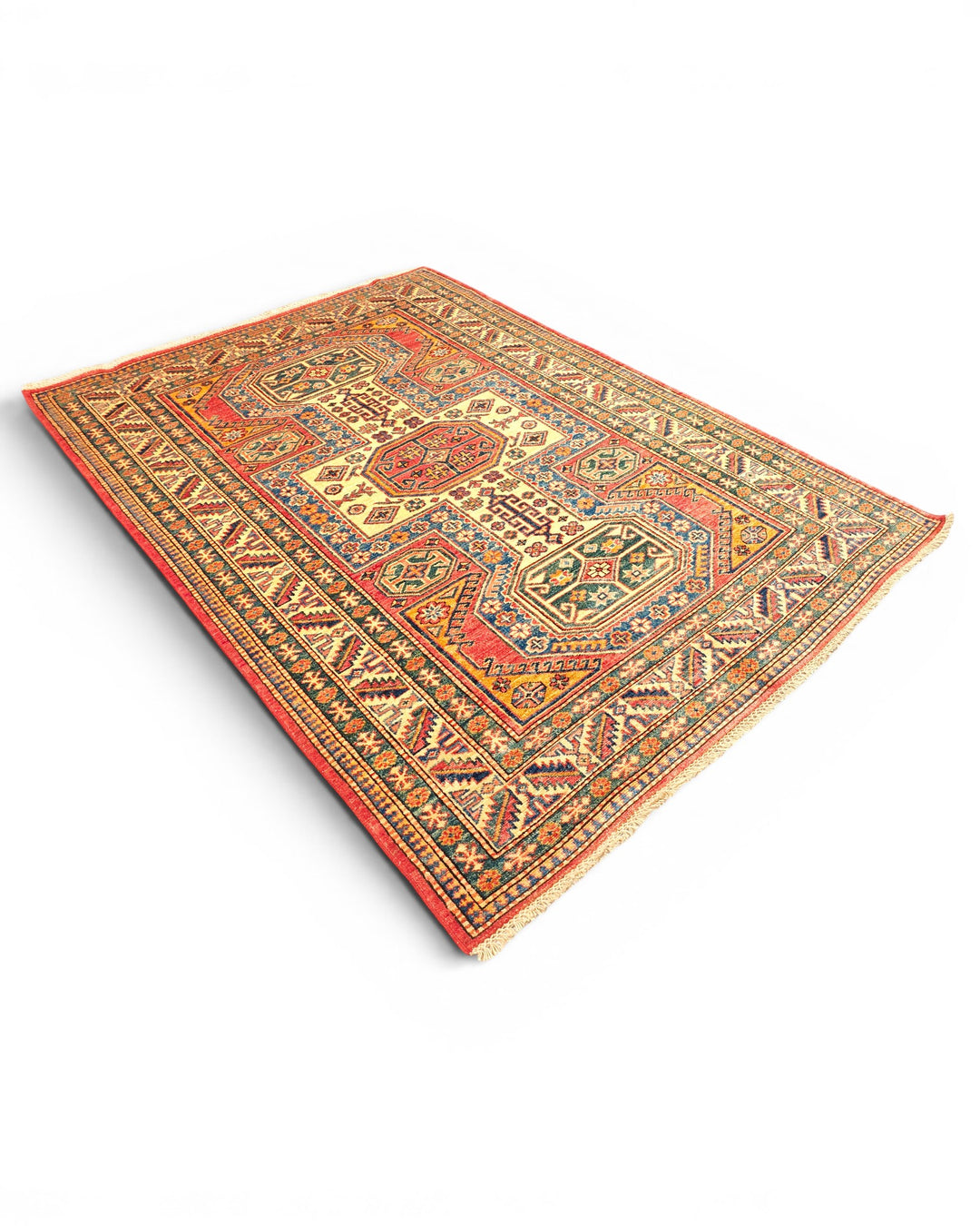 Red &amp; Gold Octagon Kazak Rug, Hand-Knotted Afghan Wool
