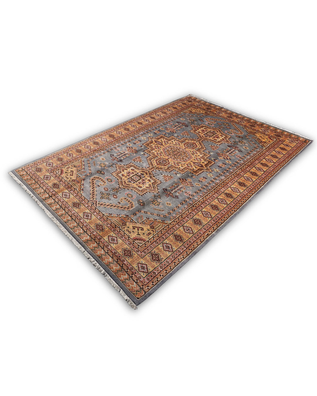 Grey &amp; Gold Tribal Medallion Jaldar Rug, Hand-Knotted Pakistani Wool &amp; Silk
