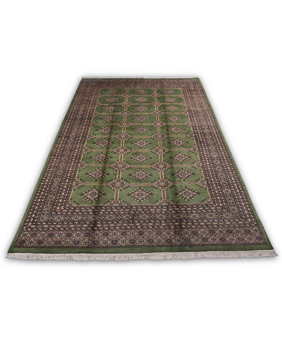 Moss Green Diamond Gül Jaldar Rug, Hand-Knotted Pakistani Wool