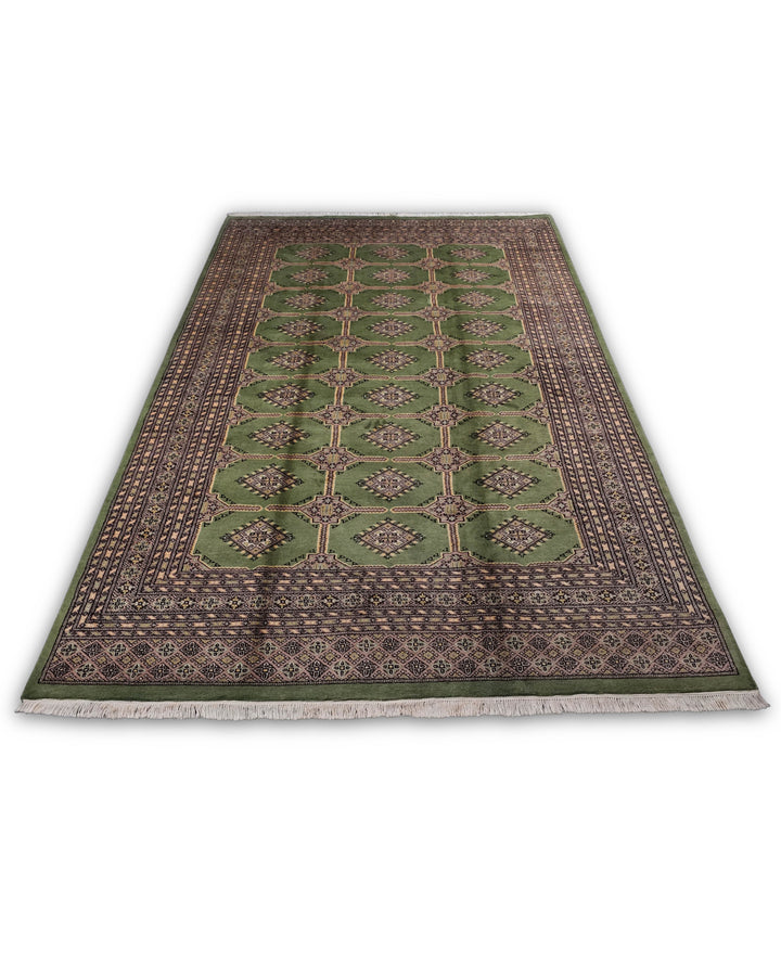 Moss Green Diamond Gül Jaldar Rug, Hand-Knotted Pakistani Wool