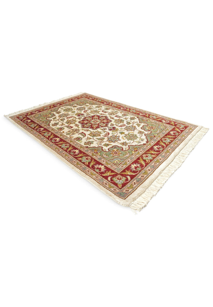 Ivory and Deep Red Medallion Tabriz, Hand-Knotted Wool and Silk Rug