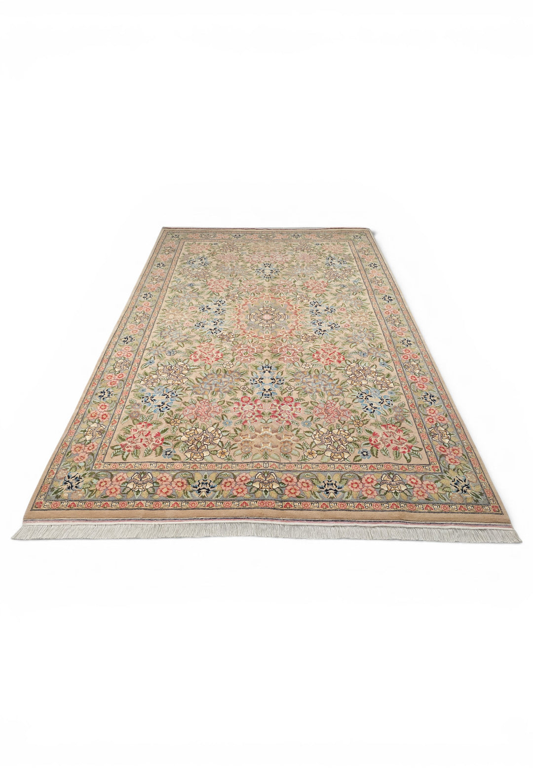 Camel and Pink Rose Floral, Hand-Knotted Wool Rug