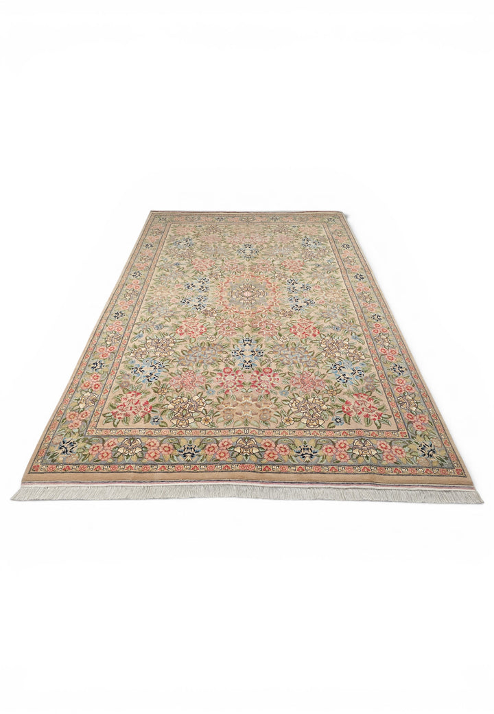 Camel and Pink Rose Floral, Hand-Knotted Wool Rug