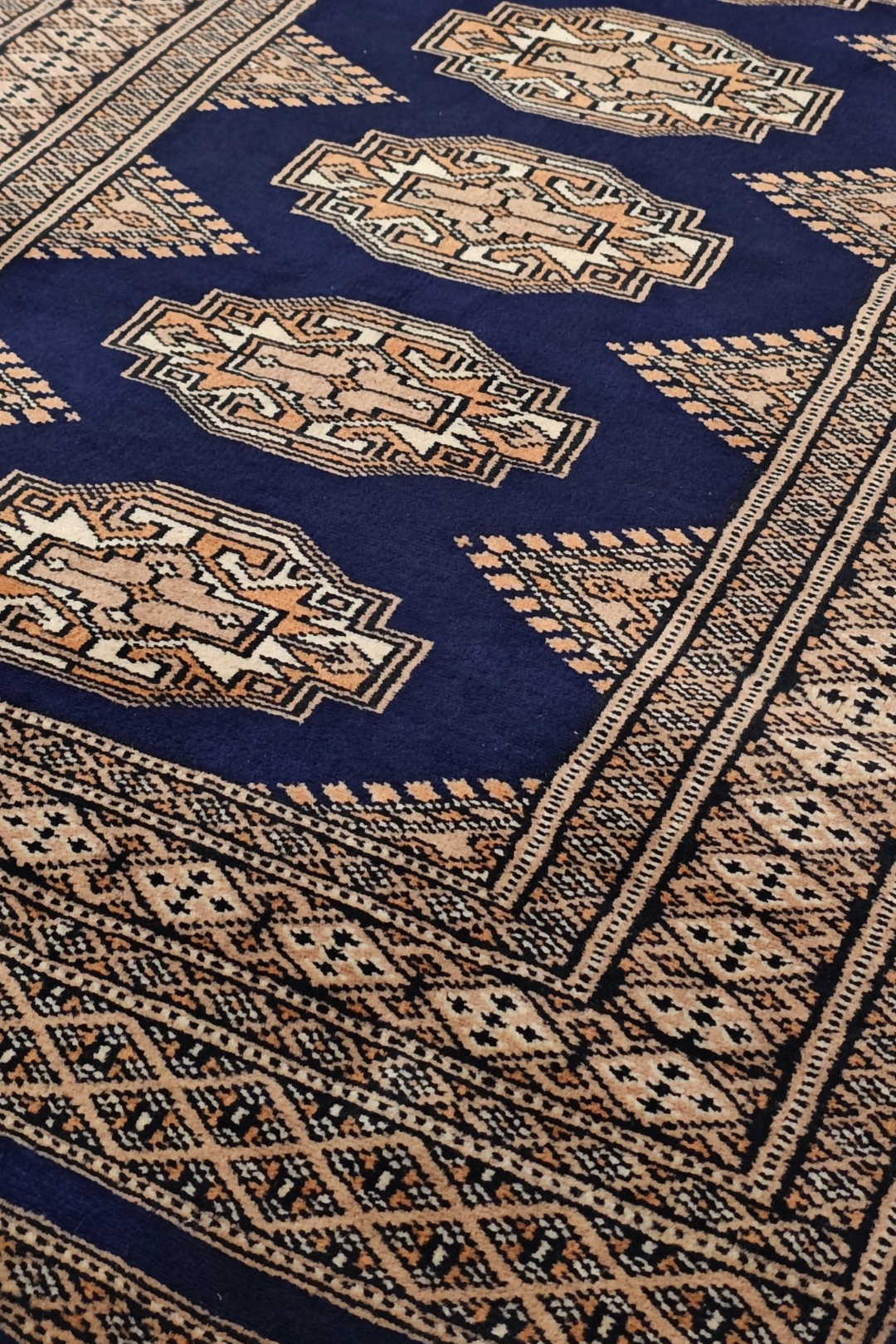 Navy and Beige Yamoud Rug, Hand-Knotted Wool