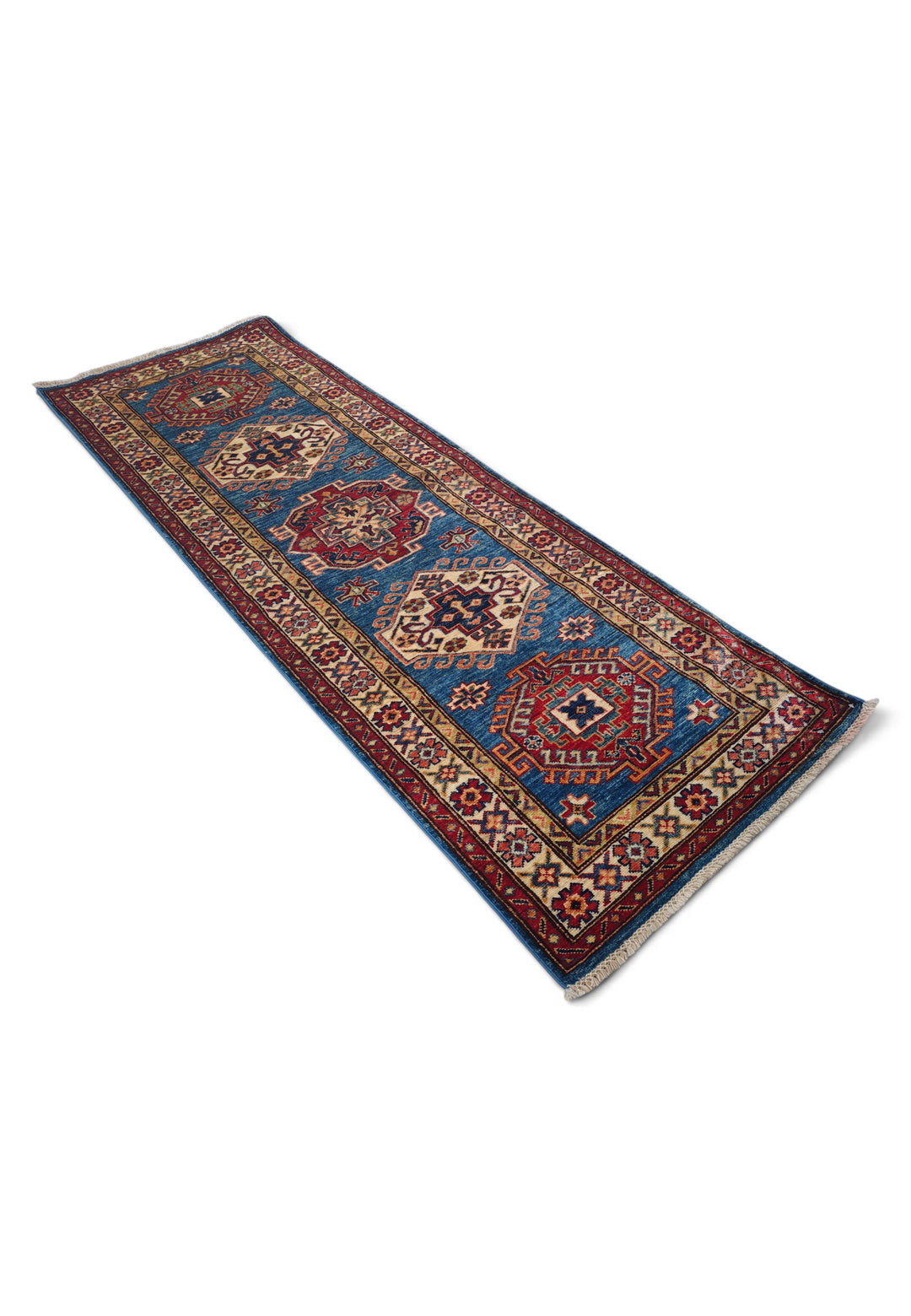 Teal Blue and Cream Hooked Medallion Kazak, Hand-Knotted Wool Rug