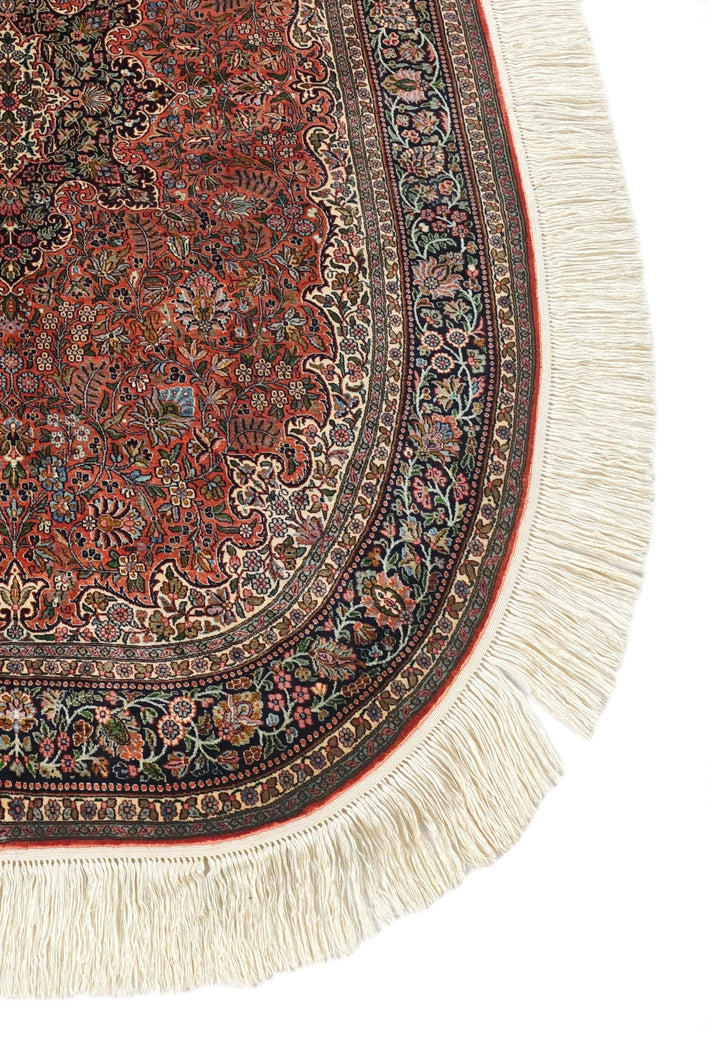 Brick Red and Black Oval Medallion, Hand-Knotted Silk Rug