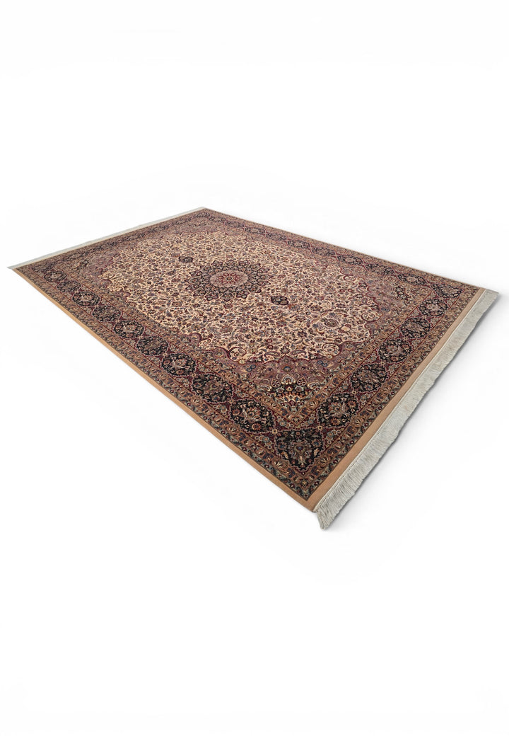 Ivory and Navy Floral Medallion, Hand-Knotted Wool and Silk Rug