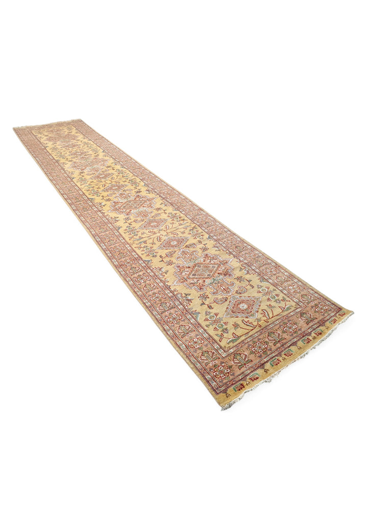 Wheat Gold and Rose Jaldar Alternating Medallion, Hand-Knotted Wool and Silk Rug