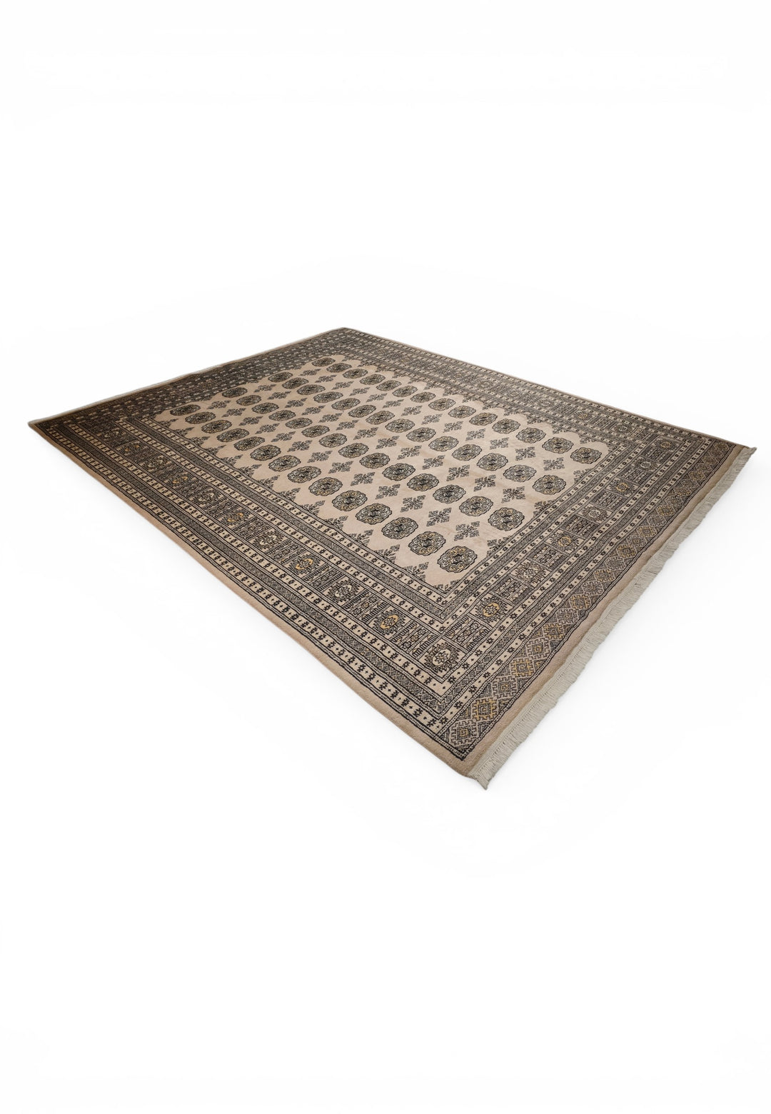 Warm Sand &amp; Charcoal Turkmen Gül Bokhara Rug, Hand-Knotted Pakistani Wool