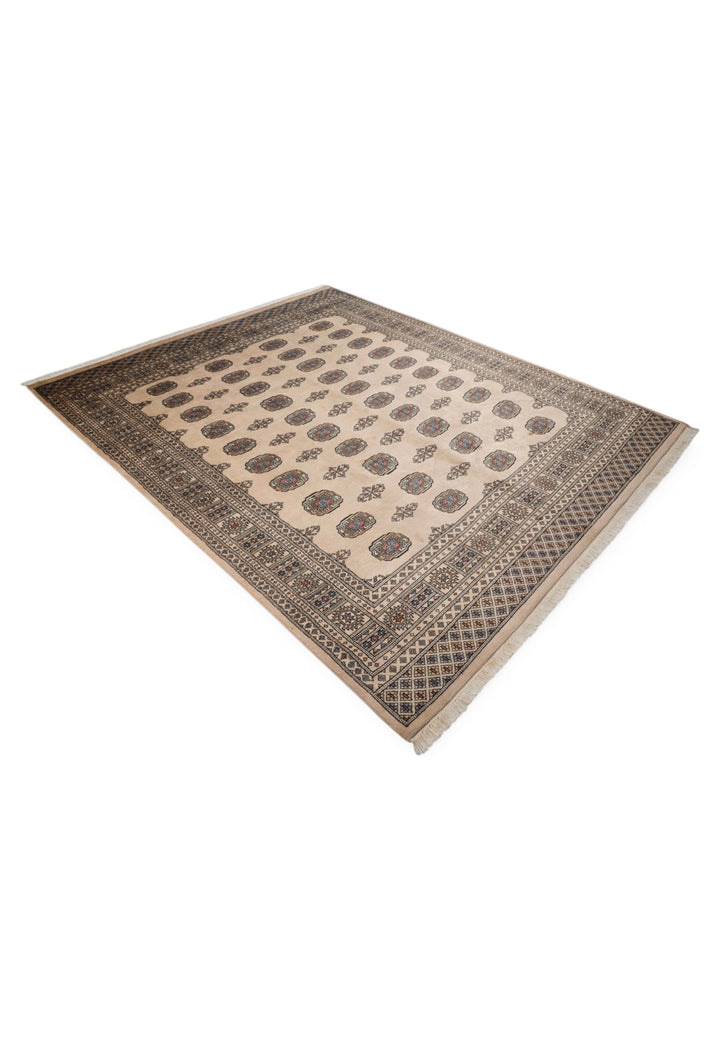Sand Beige Turkmen Gül Bokhara, Hand-Knotted Wool Rug