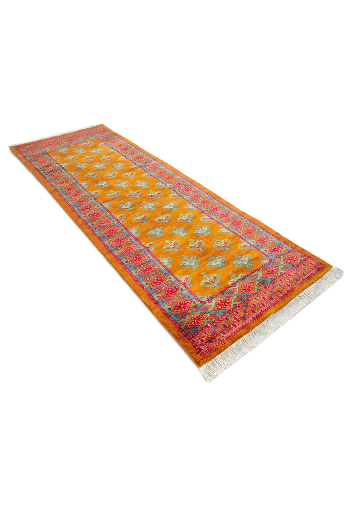 Saffron and Teal Flowering Shrub Repeat, Hand-Knotted Wool Rug