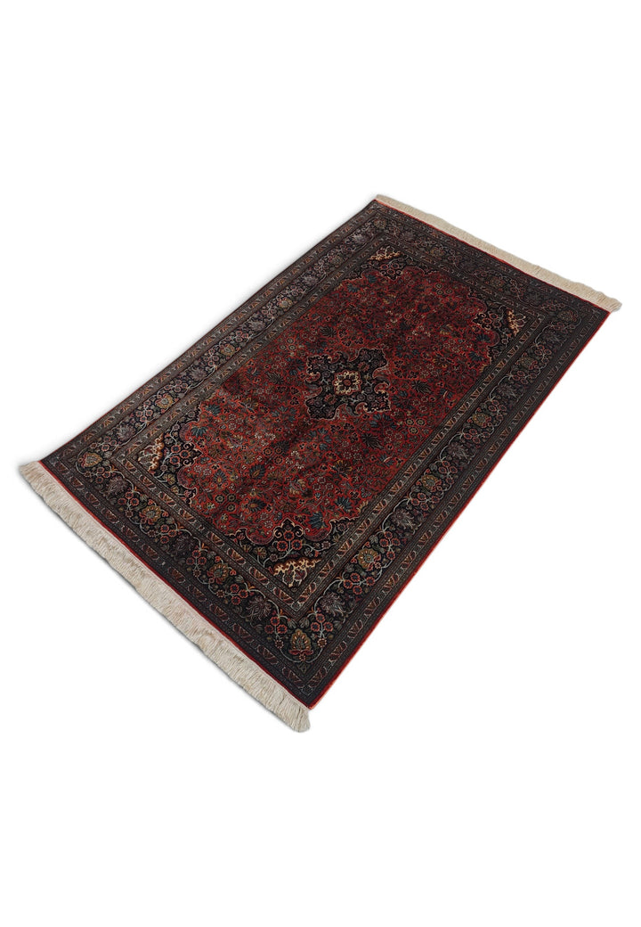 Deep Red and Navy Cloudband Medallion, Hand-Knotted Silk Rug