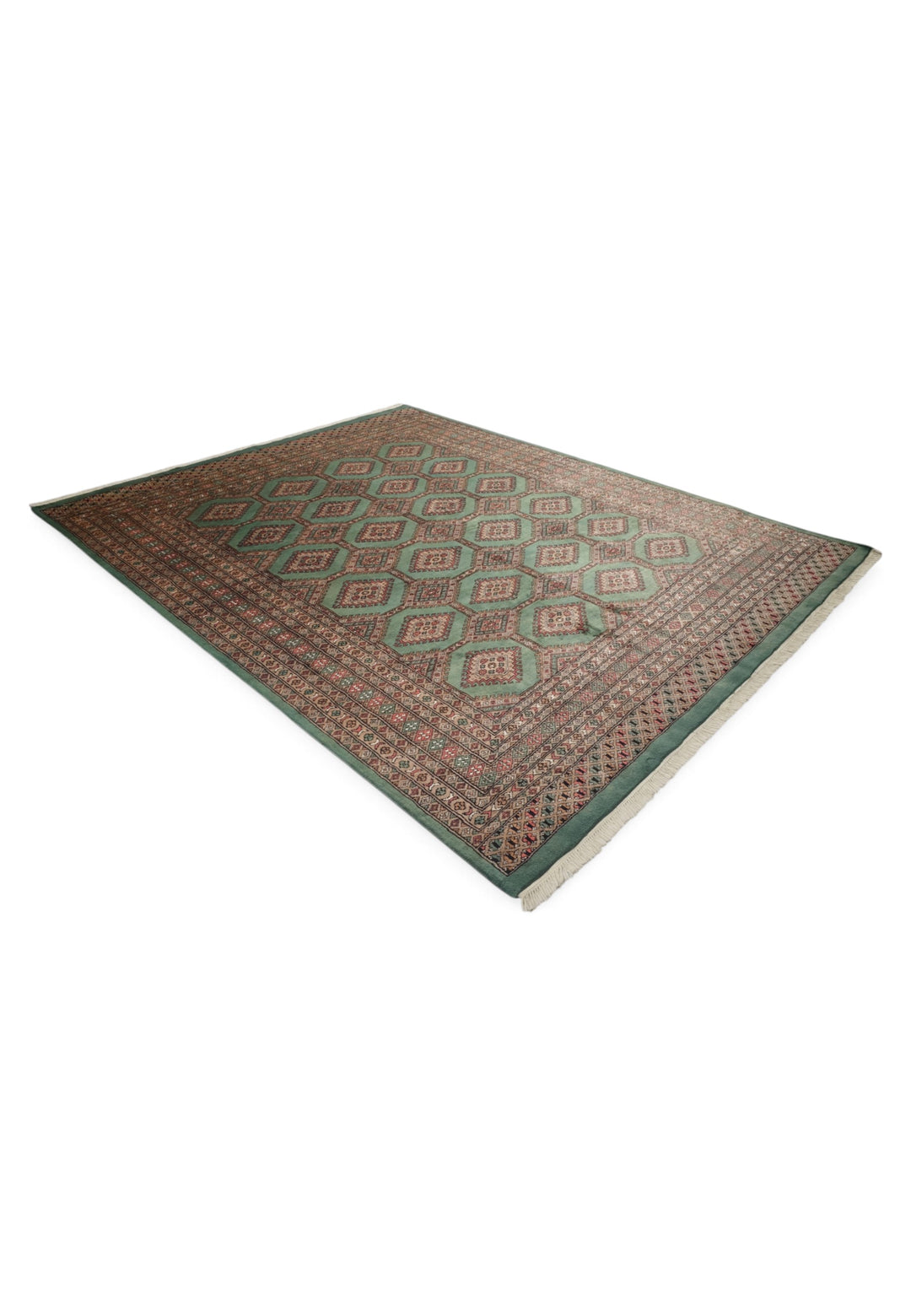 Sage Green and Taupe Compartment Lattice Bokhara, Hand-Knotted Wool Rug