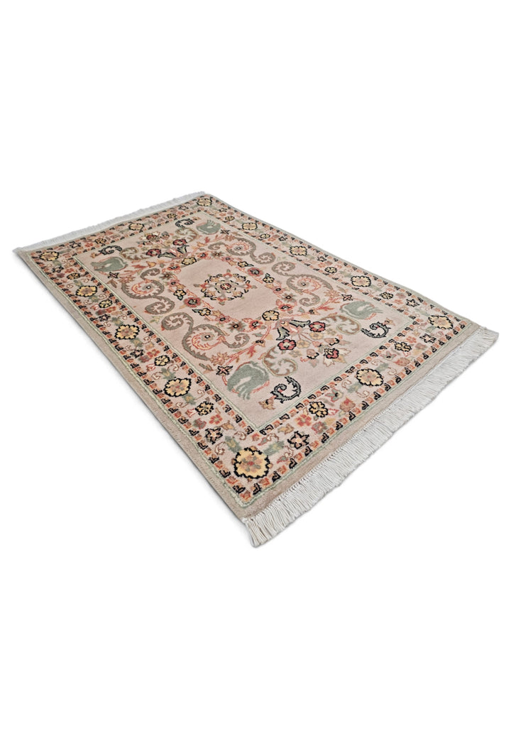Blush and Sage Scrolling Leaf Medallion, Hand-Knotted Wool Rug