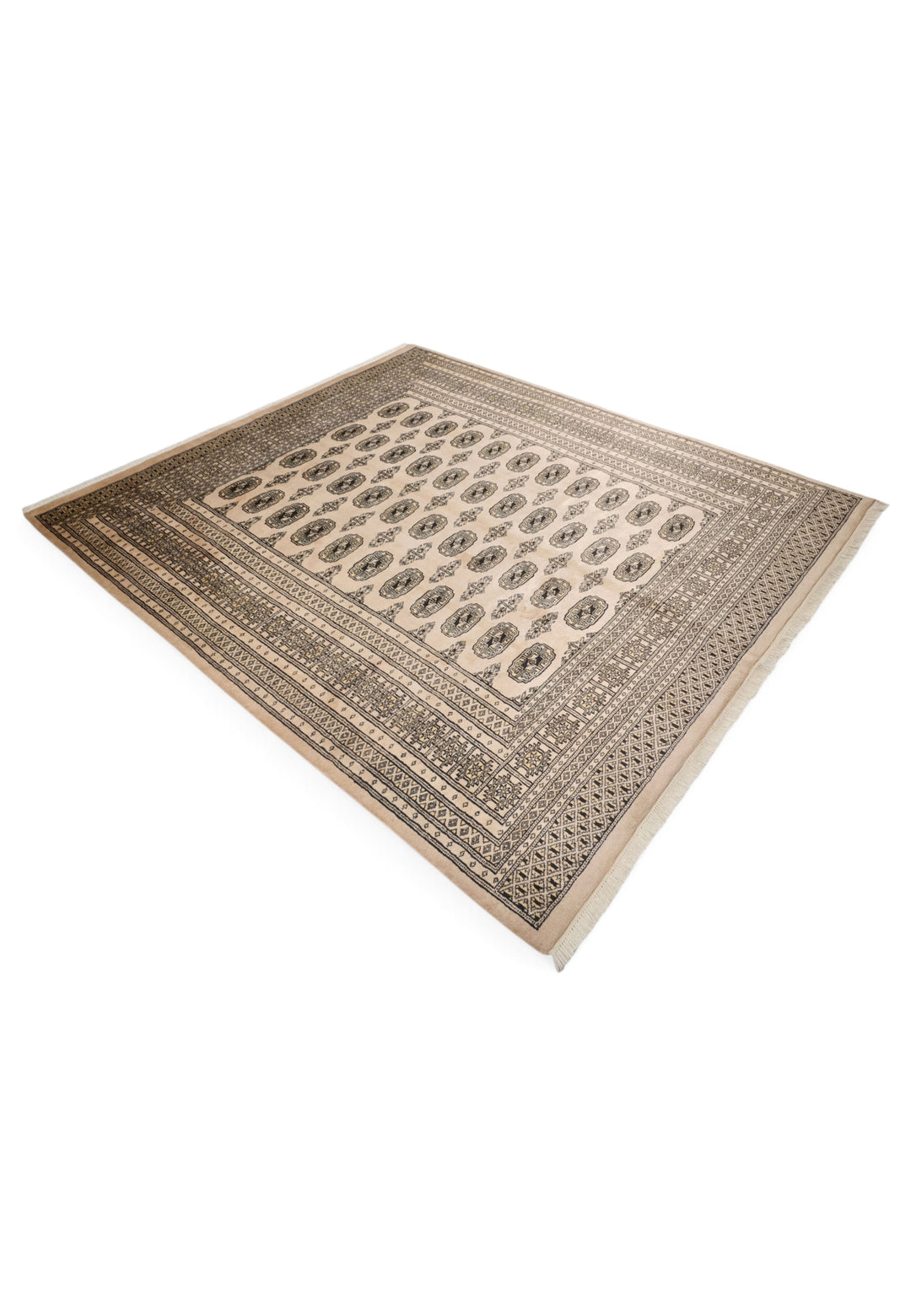 Cream and Walnut Turkmen Gül Bokhara, Hand-Knotted Wool Rug