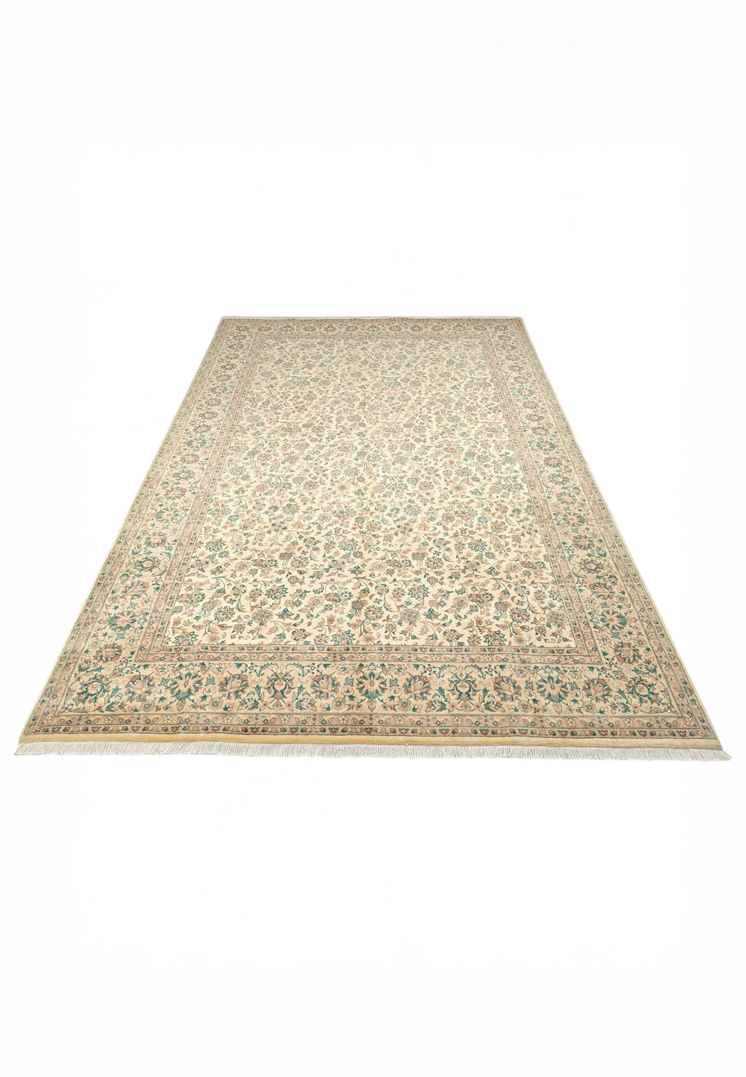 Cream and Green Floral Vine, Hand-Knotted Pakistani Wool Rug
