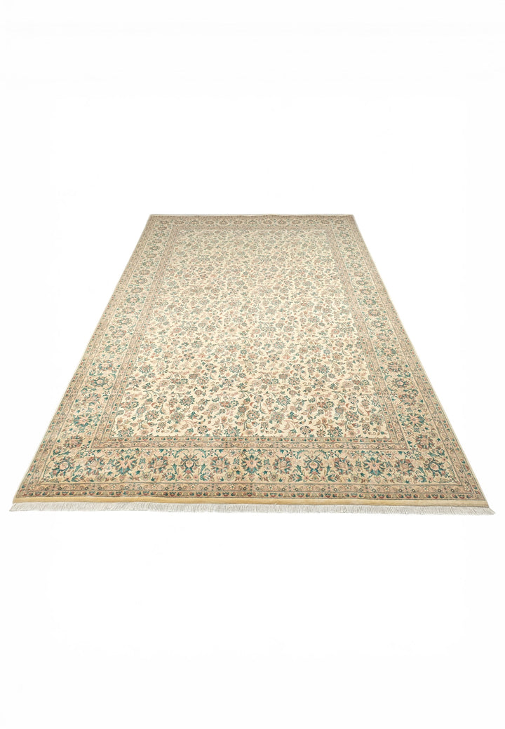 Cream and Green Floral Vine, Hand-Knotted Pakistani Wool Rug
