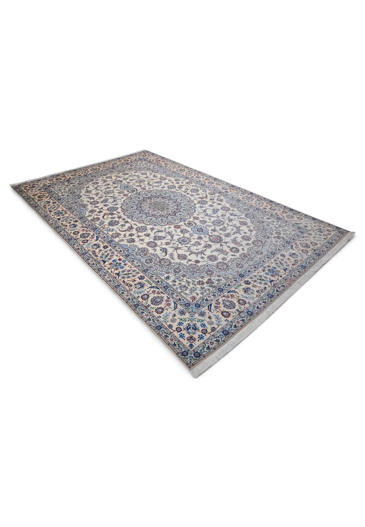 Ivory and Blue Bird Border Medallion Nain, Hand-Knotted Wool Rug