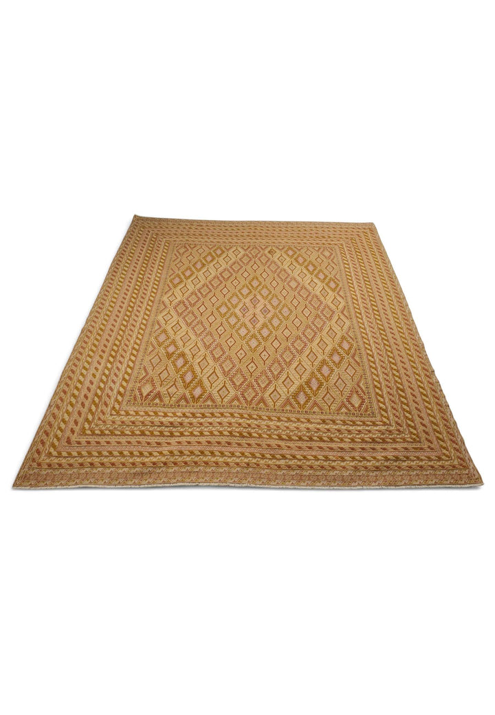 Gold and Cream Diamond Lattice Kilim, Hand-Woven Wool