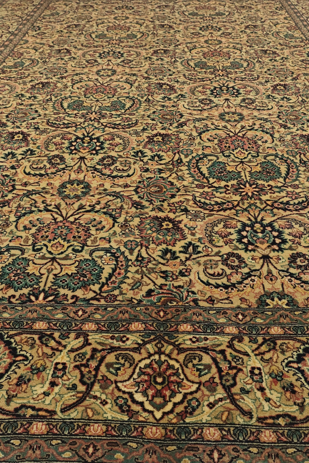 Gold and Teal Floral Vine, Hand-Knotted Wool Rug
