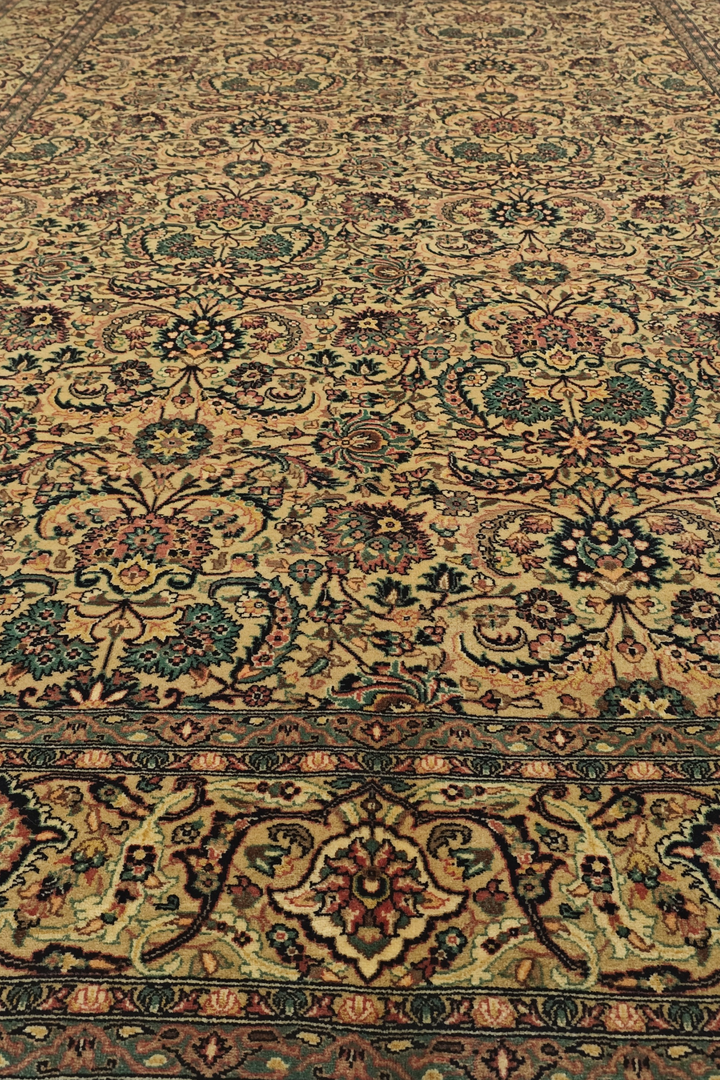 Gold and Teal Floral Vine, Hand-Knotted Wool Rug