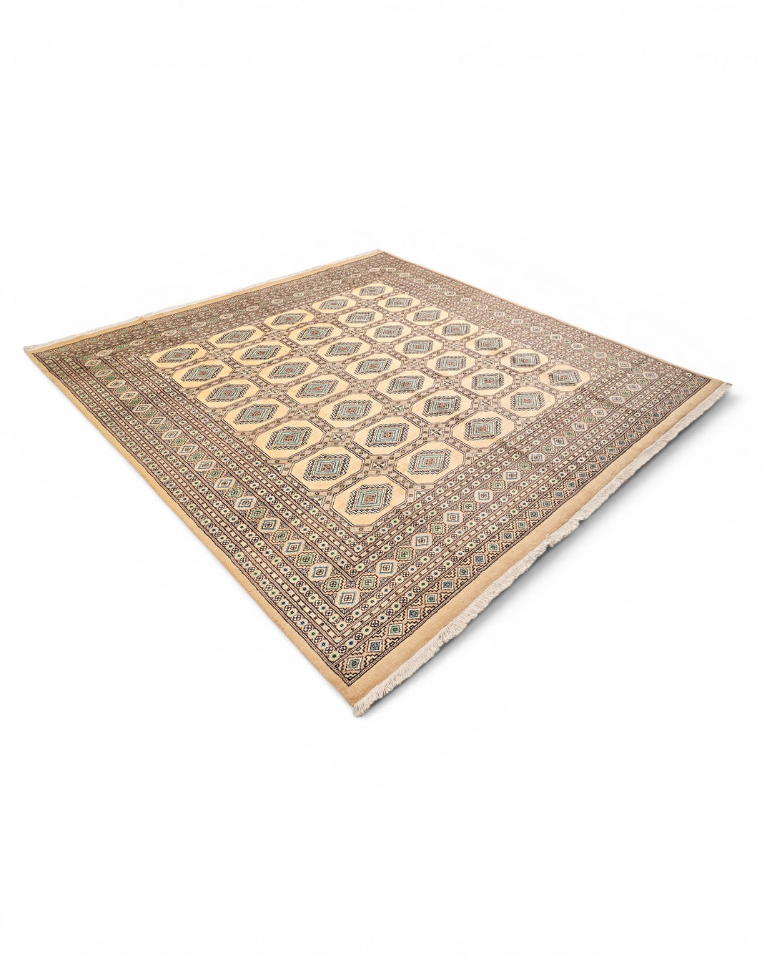 Camel Turkmen Gül Bokhara Square Rug, Hand-Knotted Pakistani Wool
