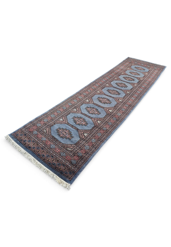 Dusty Blue and Rose Turkmen Gül Bokhara, Hand-Knotted Wool Rug