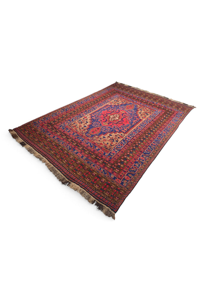 Scarlet and Cobalt Medallion Kilim, Hand-Woven Wool