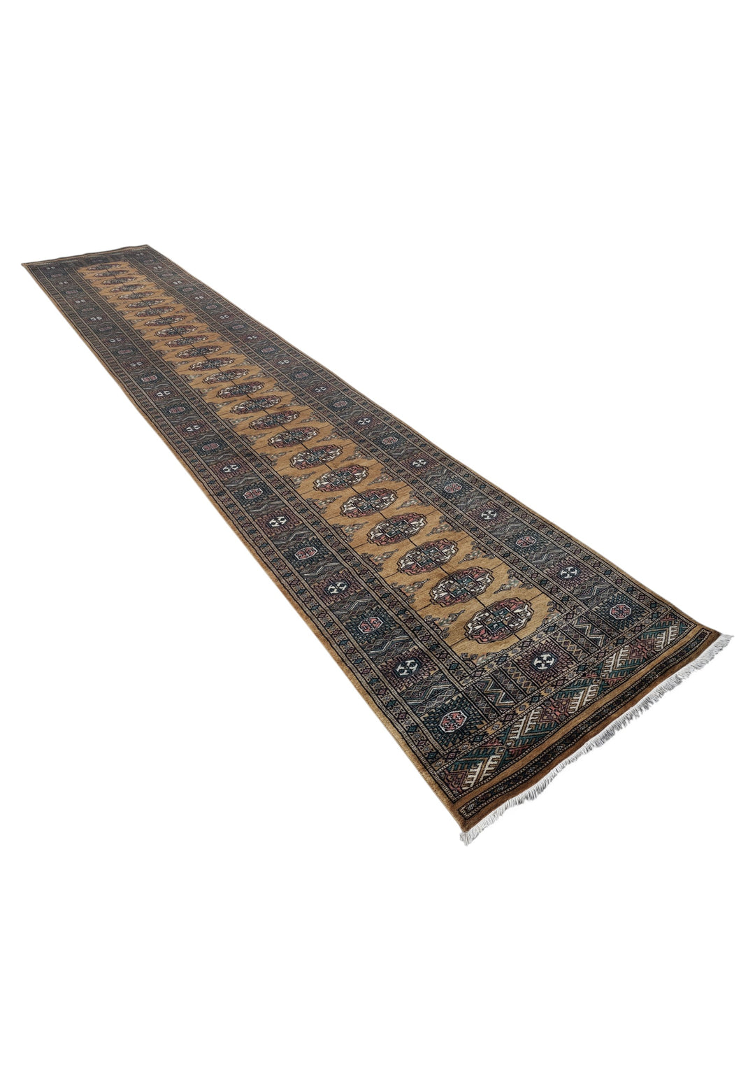 Camel and Teal Turkmen Gül Bokhara, Hand-Knotted Wool Rug
