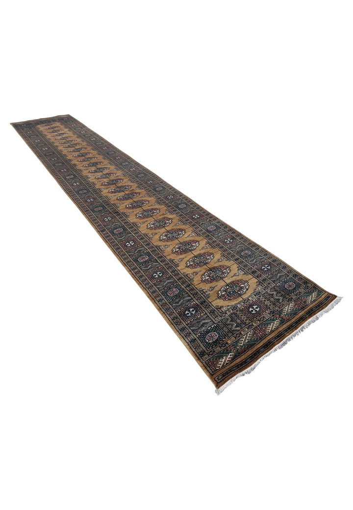 Camel and Teal Turkmen Gül Bokhara, Hand-Knotted Wool Rug