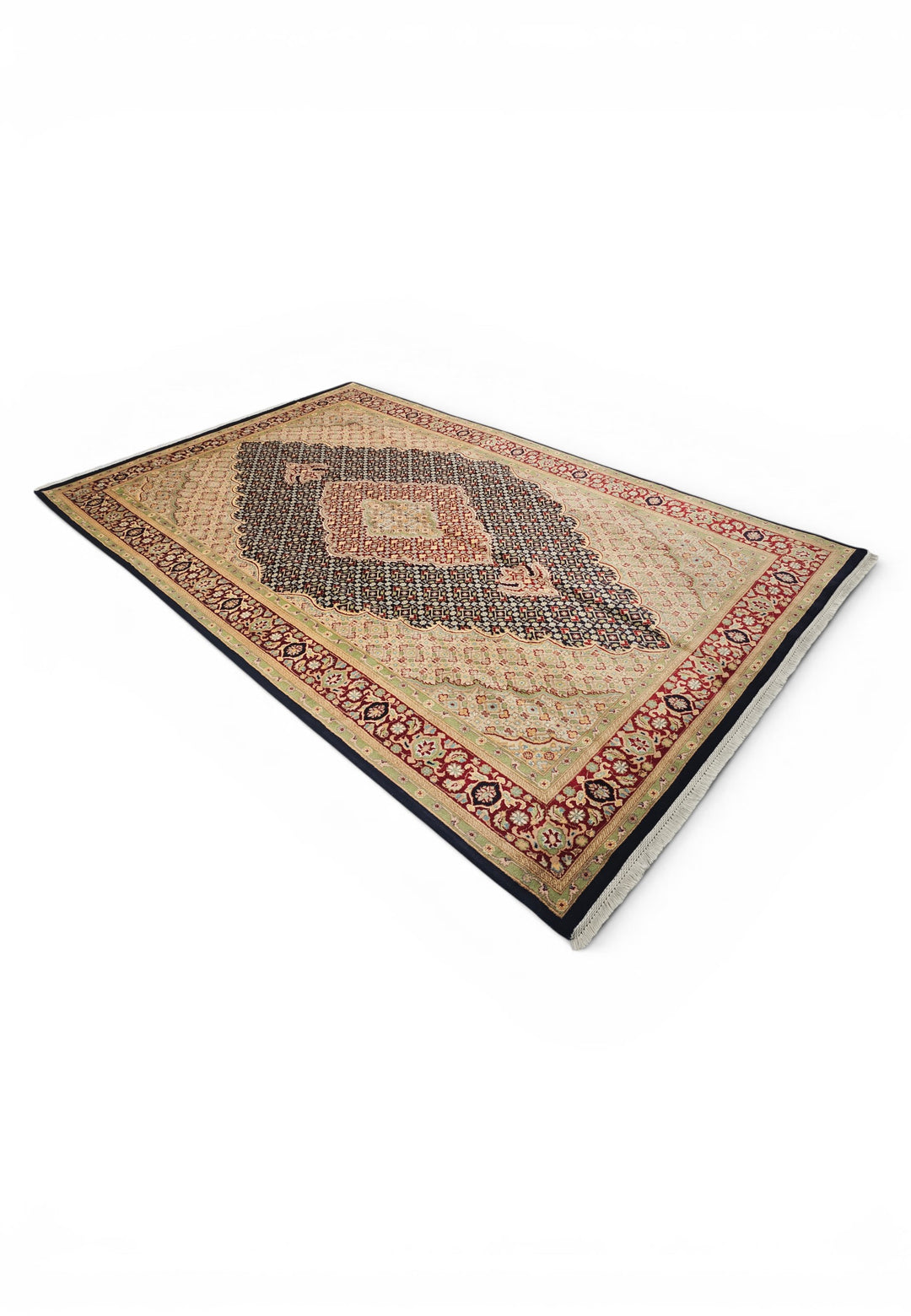 Navy and Cream Tabriz Mahi, Hand-Knotted Pakistani Wool and Silk Rug