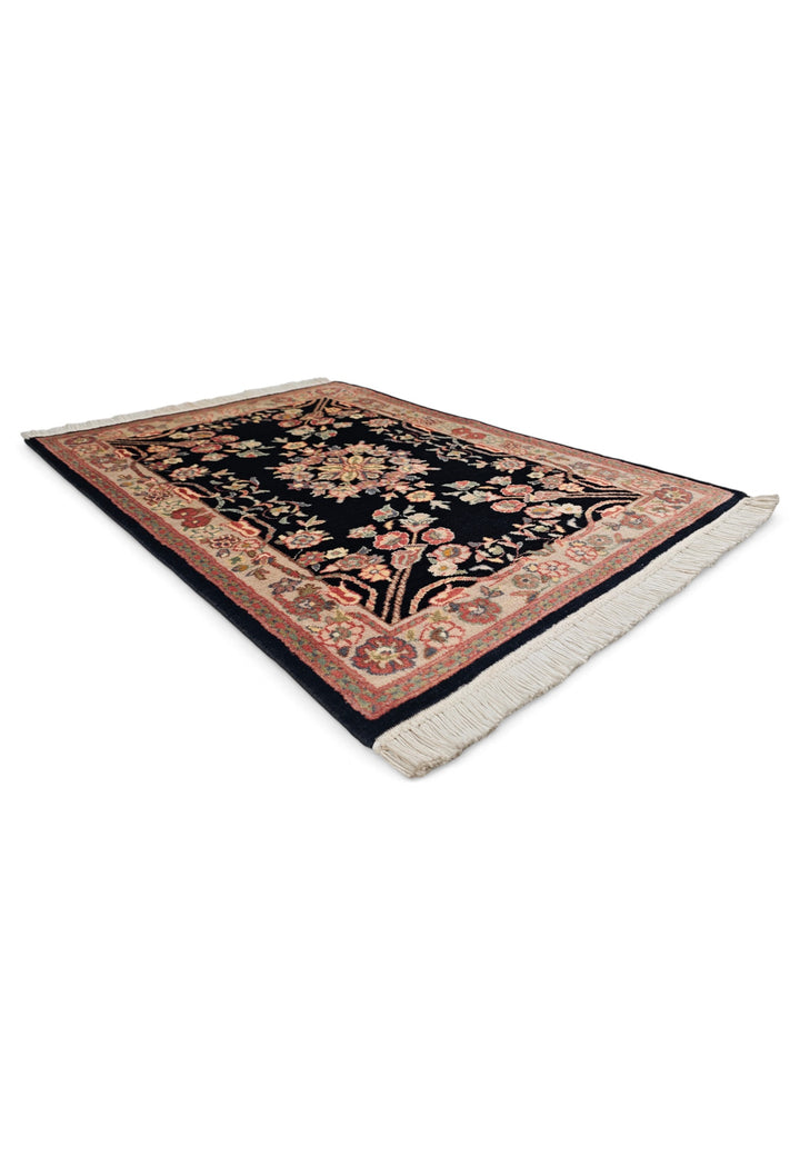 Black and Cream Kashan Floral Medallion, Hand-Knotted Wool Rug