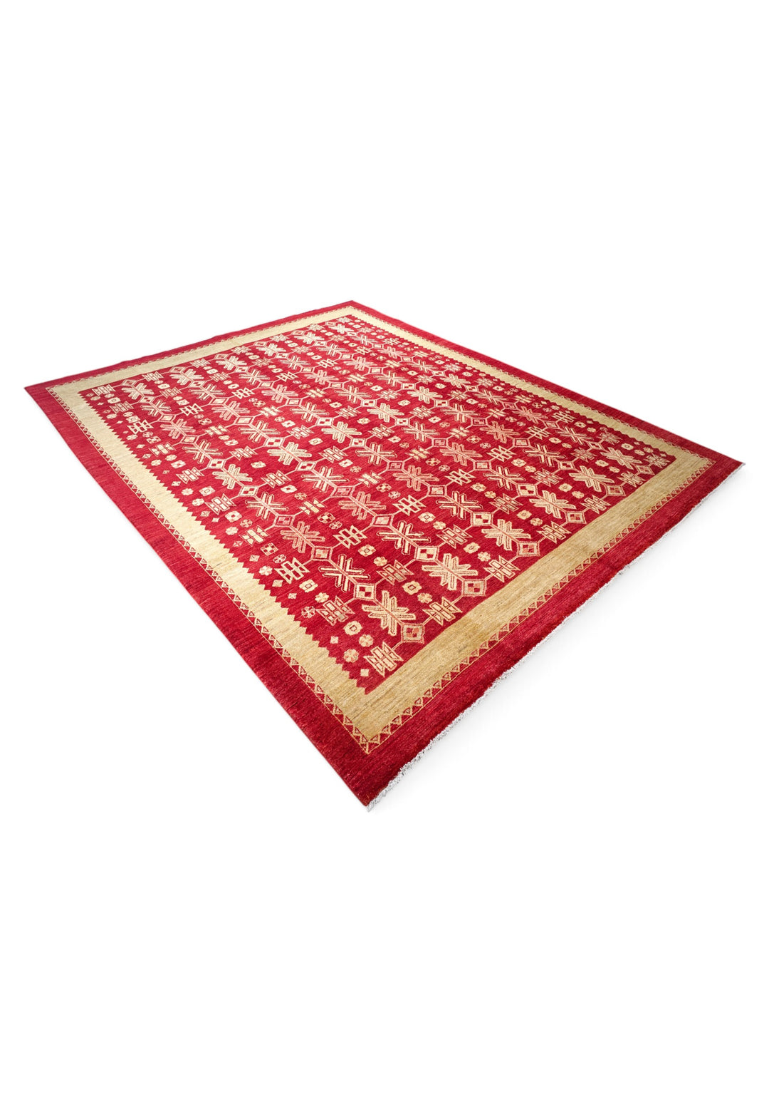 Bright Red and Wheat Gold Lattice Ghazni, Hand-Knotted Wool Rug
