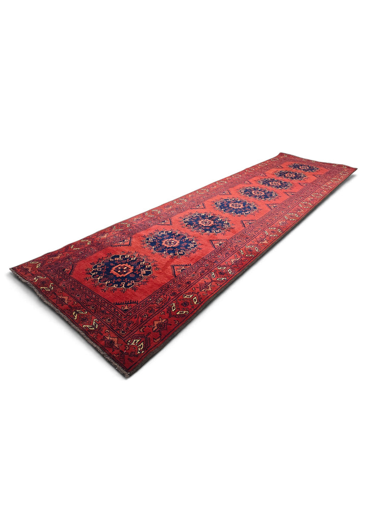 Red and Navy Khan Muhammadi Runner, Hand-Knotted Wool