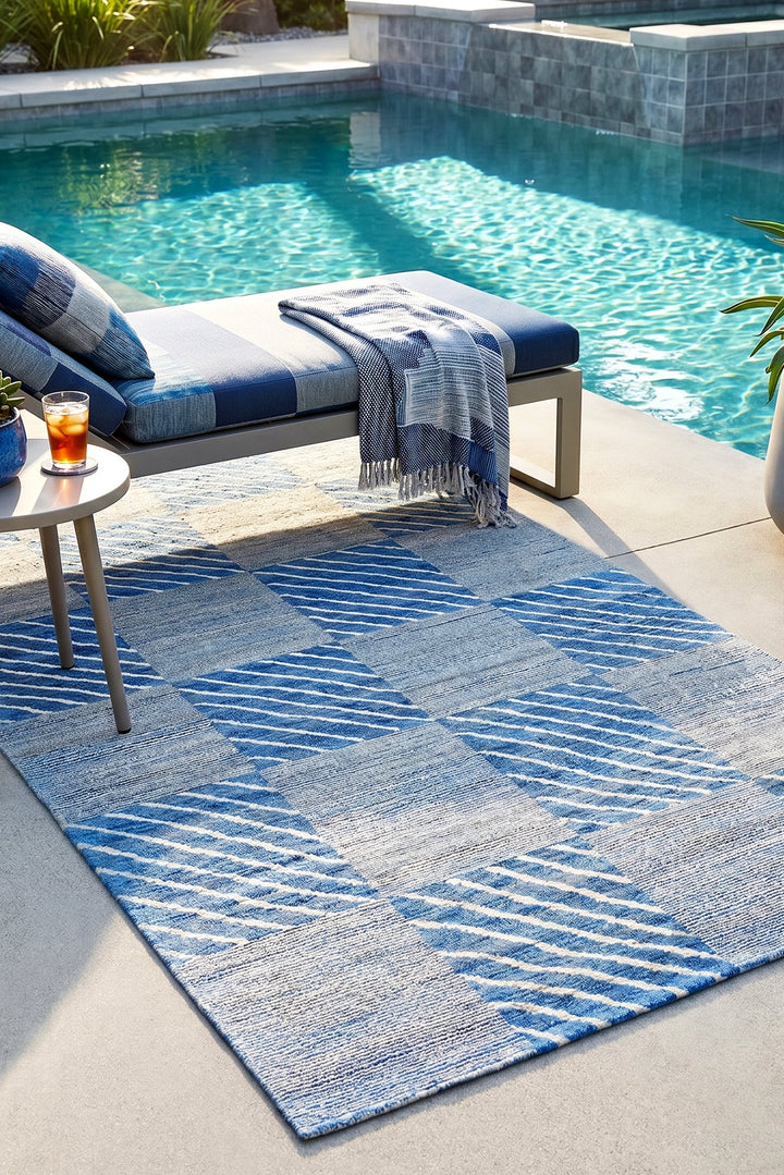 Coastal Check Gabbeh, Hand-Knotted Afghan Wool Rug