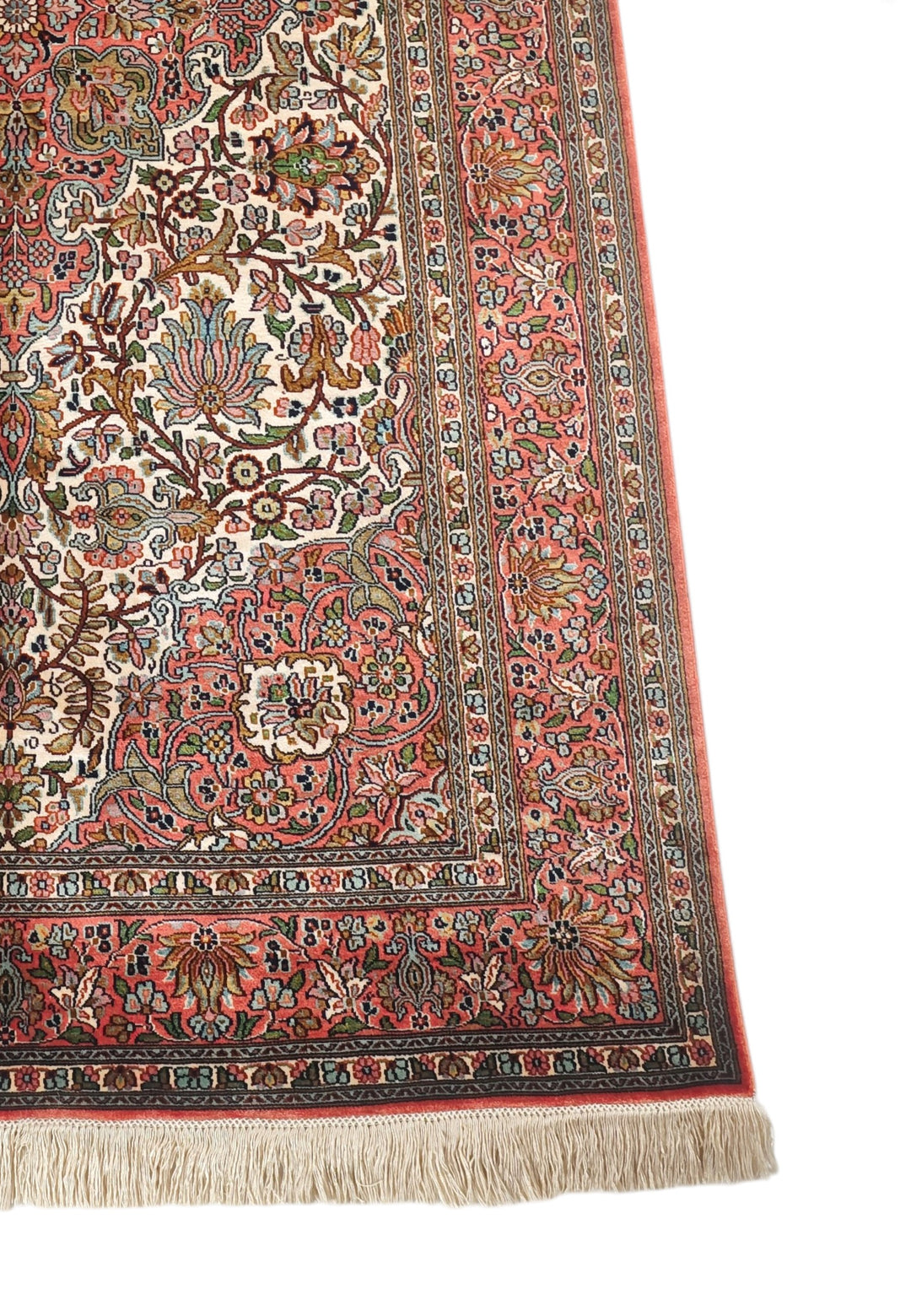 Ivory and Rose Lotus Palmette Medallion, Hand-Knotted Silk Rug
