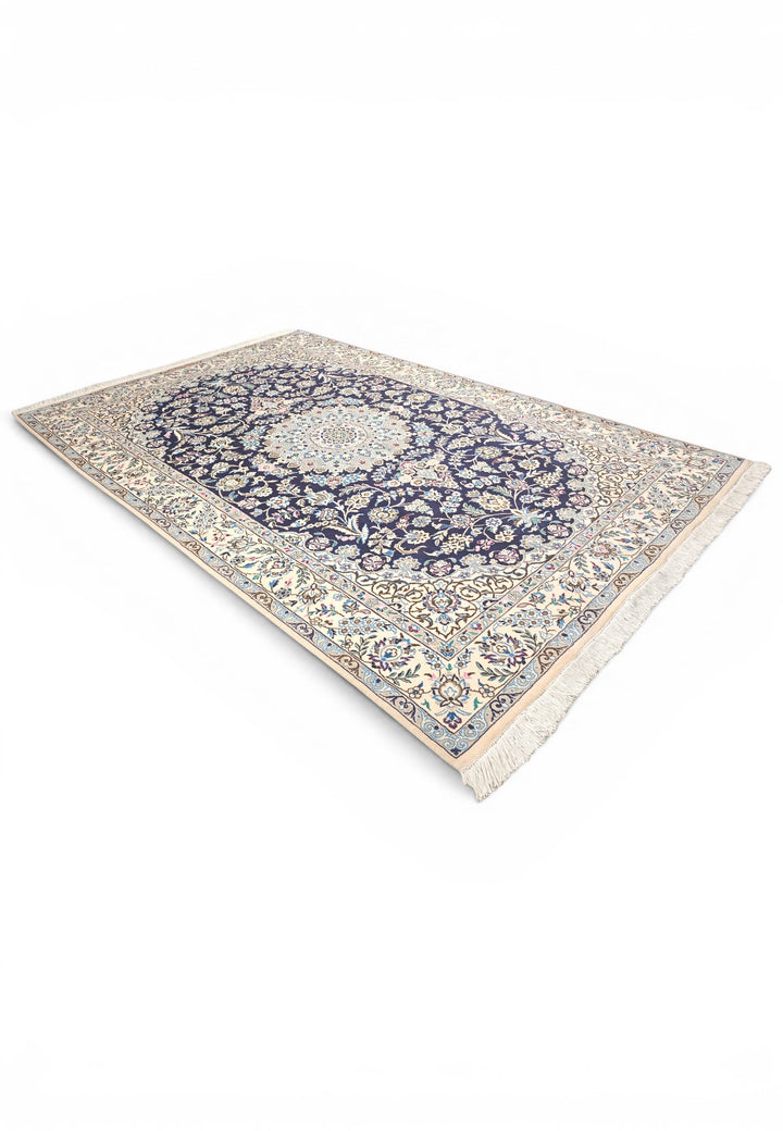 Royal-Blue Medallion Persian Nain, Hand-Knotted Wool Rug