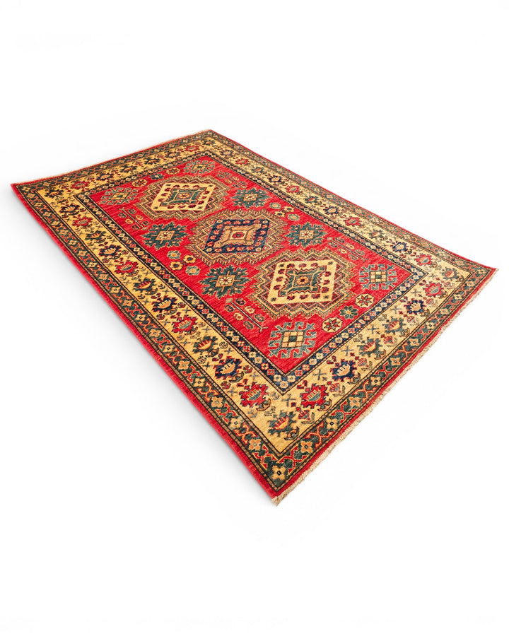 Red &amp; Gold Medallion Kazak Rug, Hand-Knotted Afghan Wool