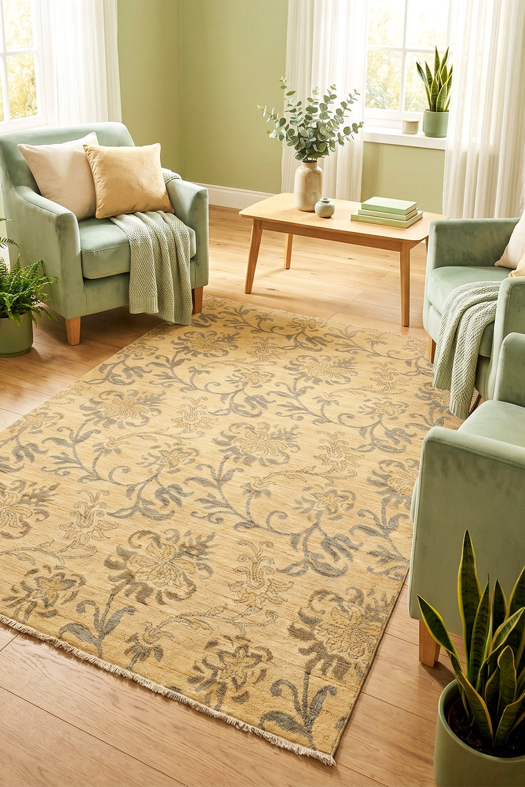 Champagne Lily Gabbeh, Hand-Knotted Afghan Wool &amp; Silk Rug