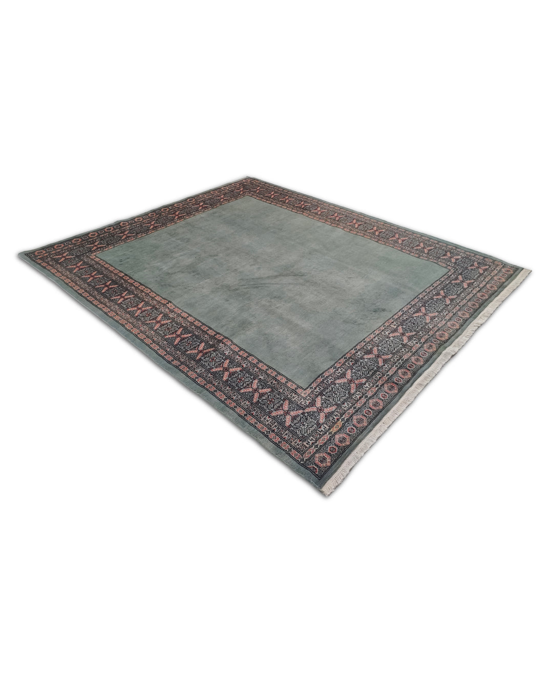 Sage Green and Rose Plain Field Bokhara, Hand-Knotted Wool Rug