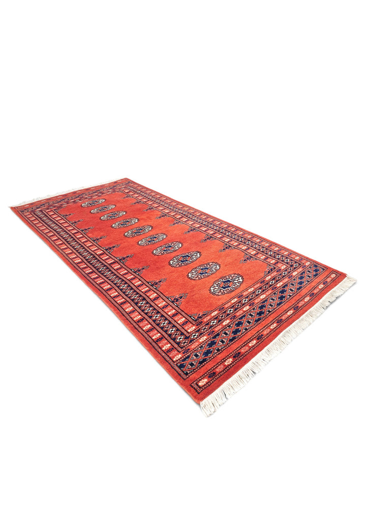 Coral Red and Indigo Turkmen Gül Bokhara, Hand-Knotted Wool Rug
