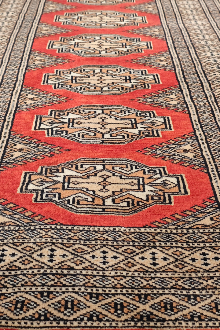 Red and Beige Yamoud Rug, Hand-Knotted Wool