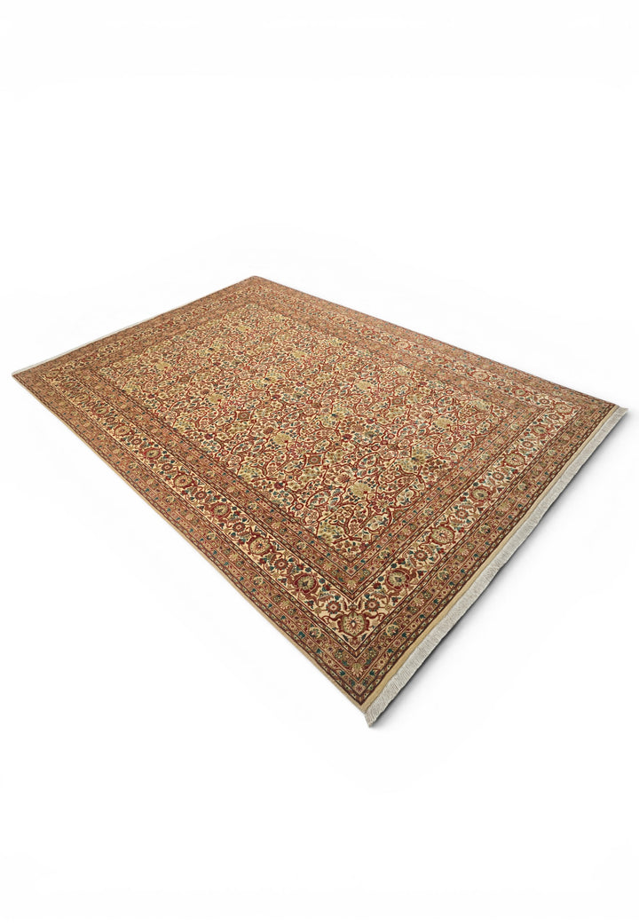 Cream and Red Floral Lattice, Hand-Knotted Wool Rug