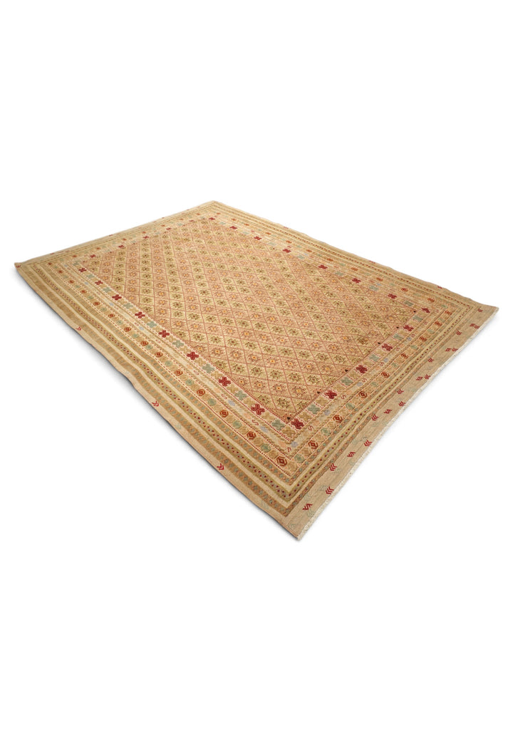 Wheat Gold and Cream Diamond Lattice Kilim, Hand-Woven Wool