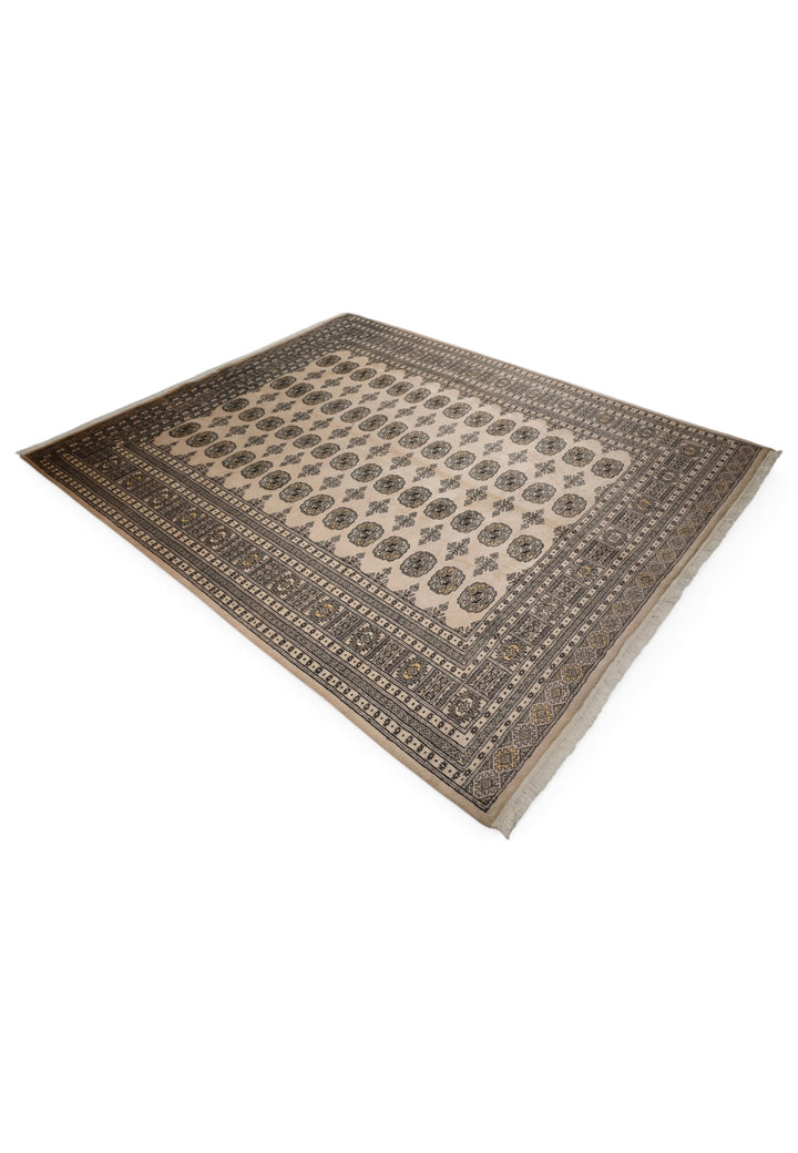 Sand and Espresso Gül and Tree Bokhara, Hand-Knotted Wool Rug