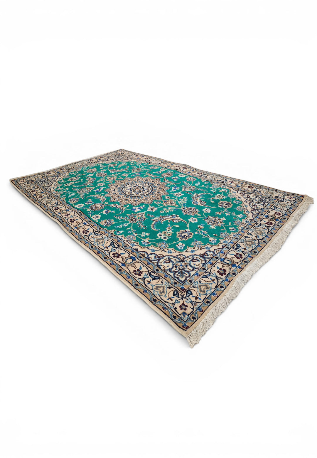 Emerald-Green Medallion Persian Nain, Hand-Knotted Wool Rug