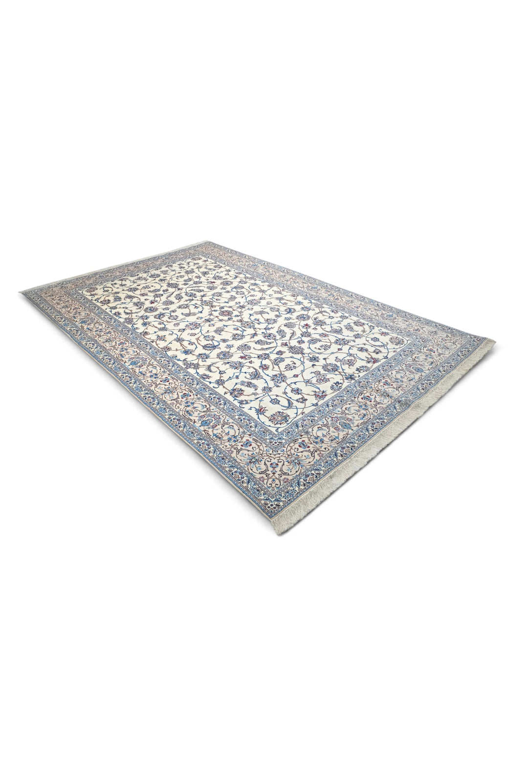Ivory and Blue All-Over Arabesque Nain, Hand-Knotted Wool Rug