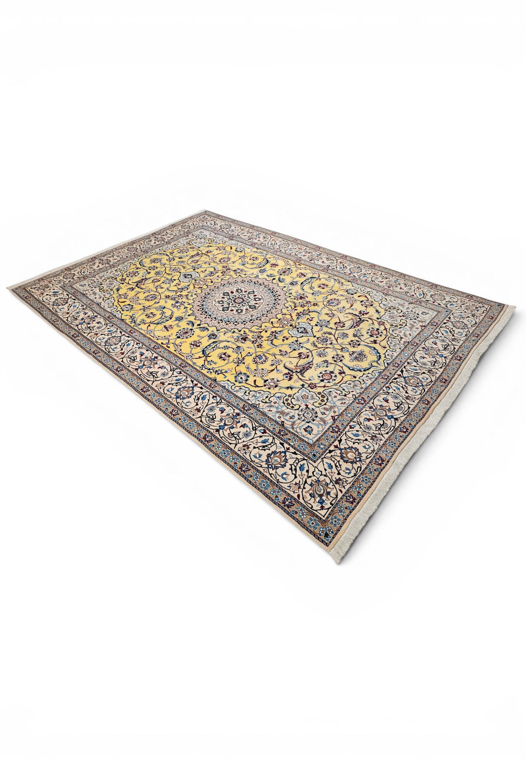 Saffron-Yellow Medallion Persian Nain, Hand-Knotted Wool Rug